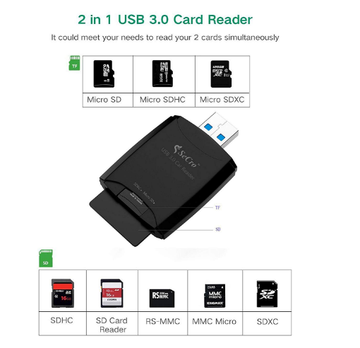 SD Card Reader, USB 3.0 Memory Card Reader for SD SDXC SDHC MMC RS-MMC TF  Micro SD Micro SDXC Micro SDHC UHS-I USB Card Reader/Writer(5Gbps) 2 Cards