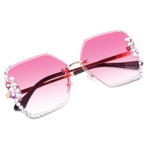 rofek UV400 Protective Sunglasses for Women Stylish, Rimless Embellish Butterfly Design Lens with Stone Sunglasses for Driving Shades for Women