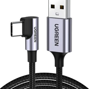 UGREEN Double Nylon Braided QC 3.0 USB Type C to USB-A Right Angle 90 Degree Fast Charging Male Data Cable with Nickel Plated Connector Aluminum Shell -Space Gray Black [3.3 Feet / 1 Metres]