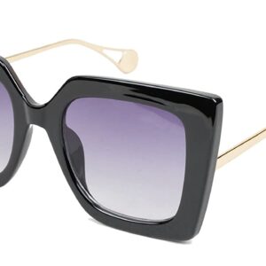Soigné Female Oversized Thick Square Sunglasses.Glossy Black Rim.See Through Gradient Black Lens.Size-OVERSIZED.